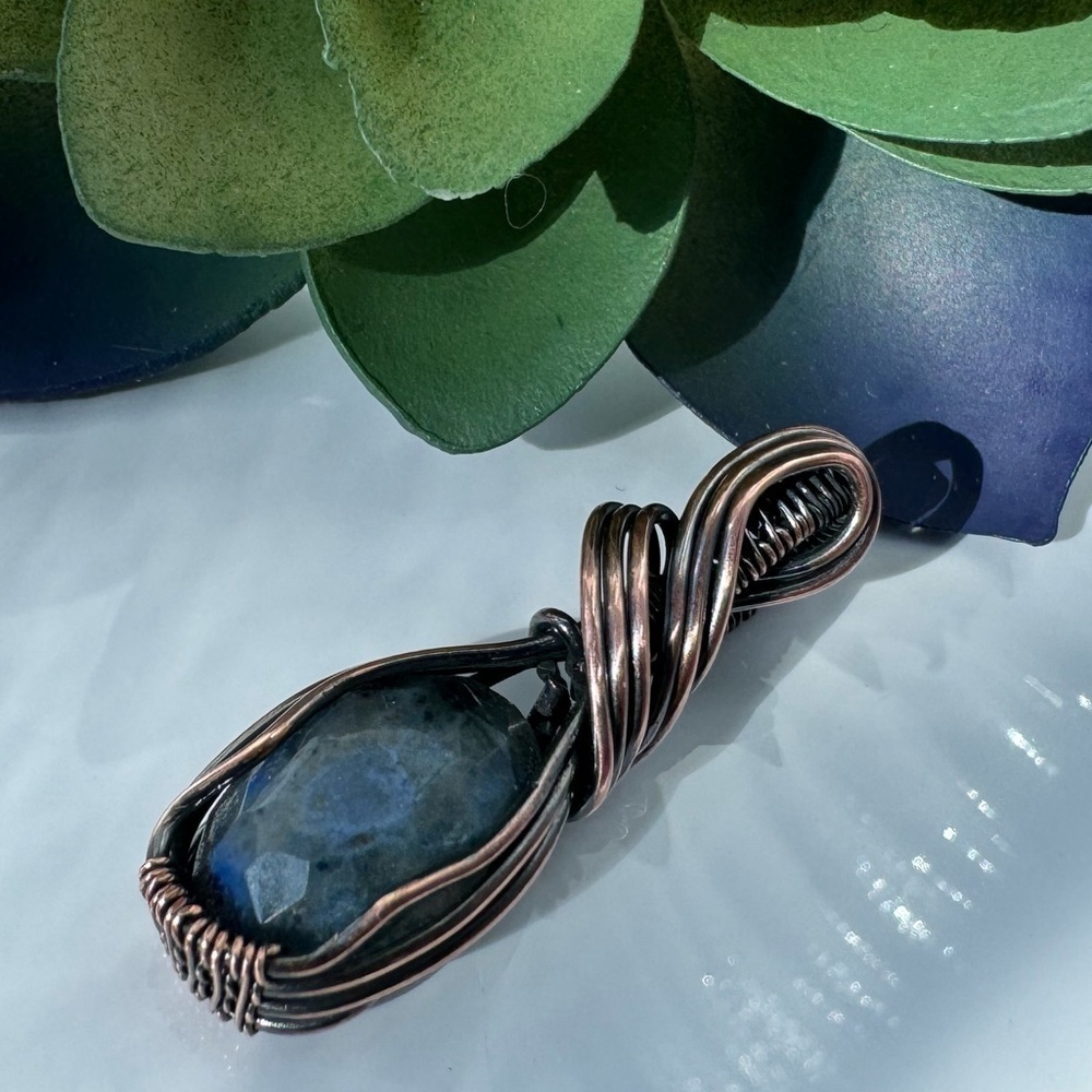 Dumortierite Cabochon Copper Wire Wrap Pendant